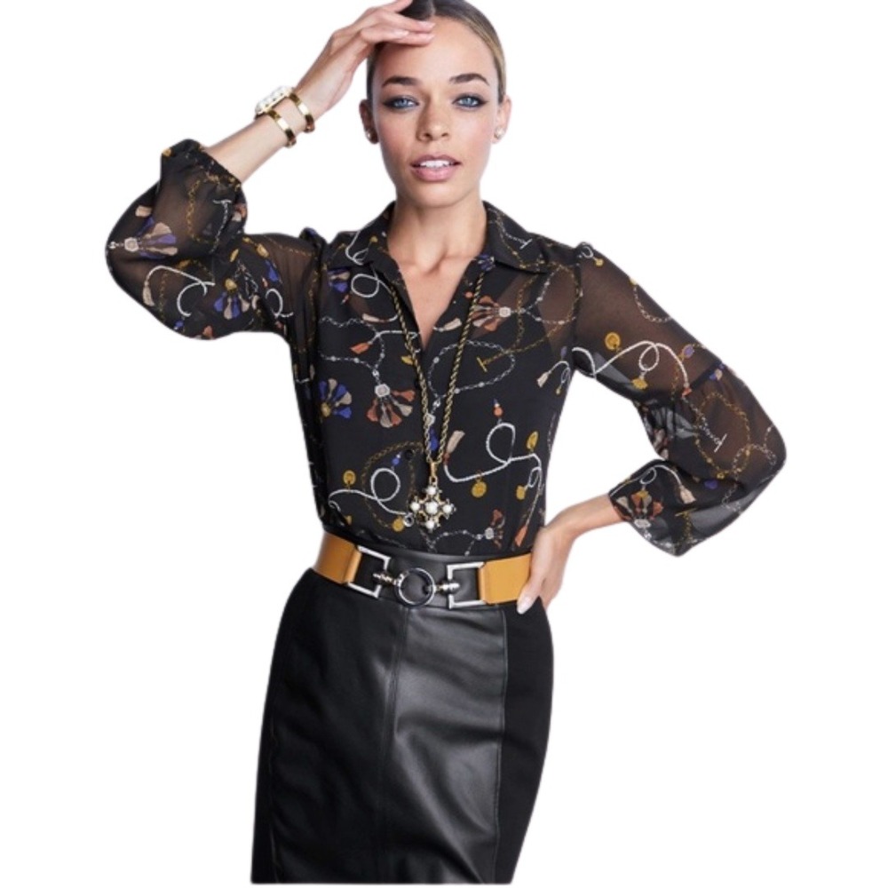 Cabi Top Womens Medium Black Victoria Sheer Chain Rope Equestrian Western 3861